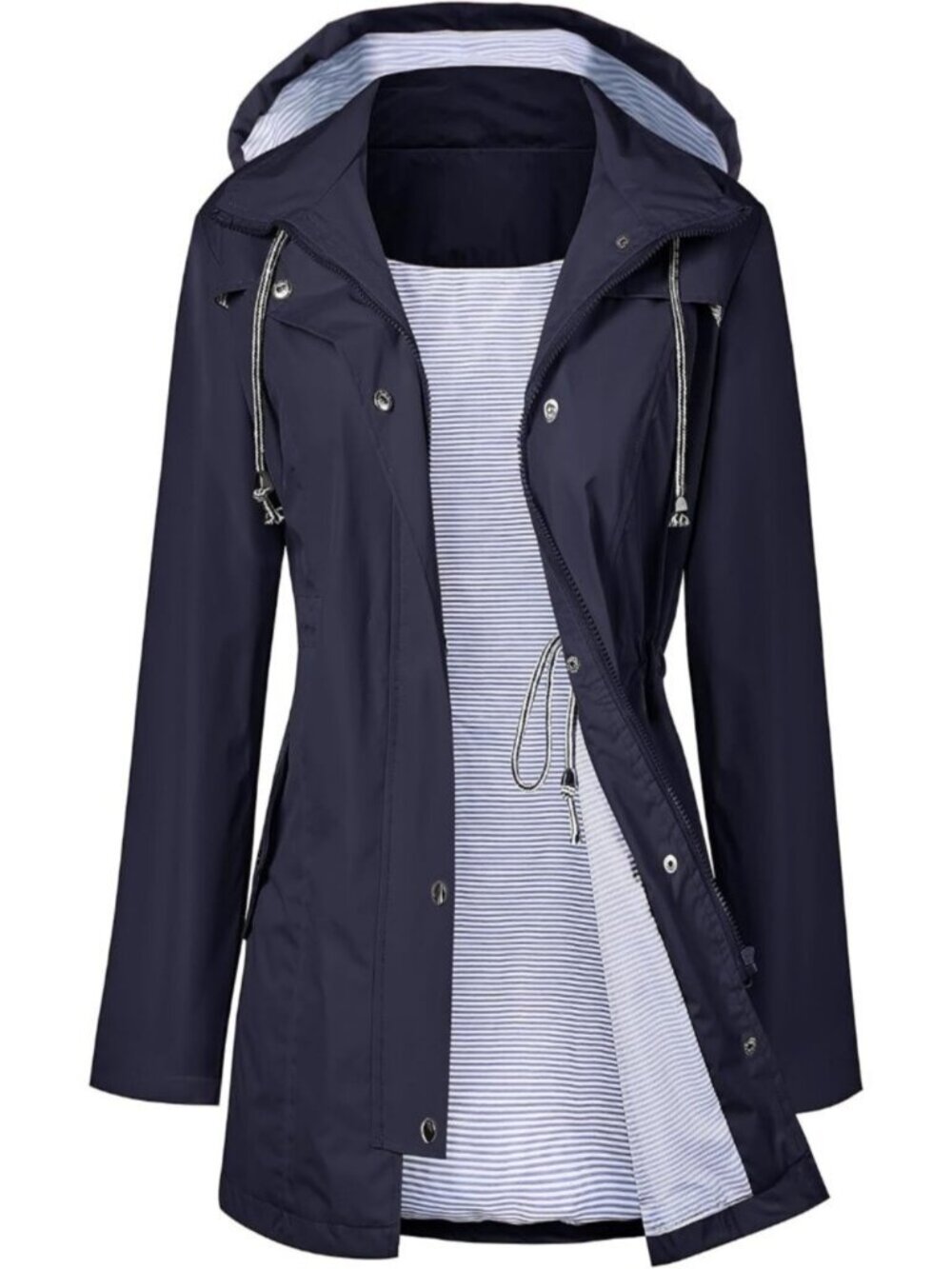 Women Navy Hooded Waterproof Adjustable Drawstring Windbreaker Trench Rain Coat